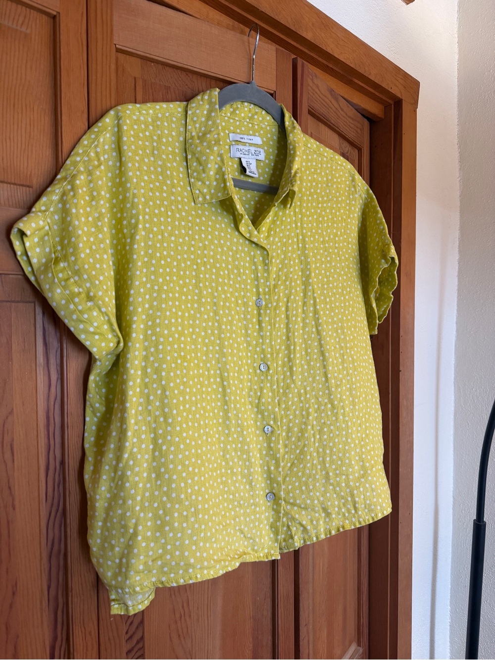 Rachel Zoe 100% Linen Polka Dots Boxy Short Sleeve Button Down Top